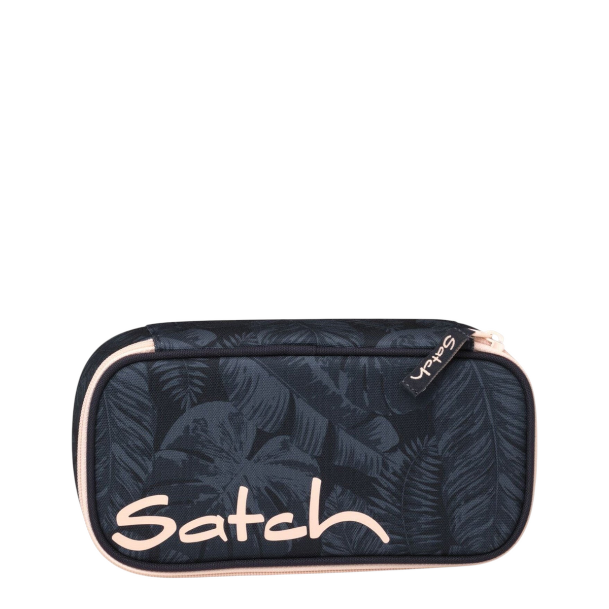 Lieblingstasche Satch pencil case in black with a tropical leaf pattern and light pink zipper details