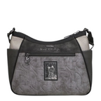 Lieblingstasche grey and black cross-body bag with quilted texture, cat graphic patch, and silver hardware