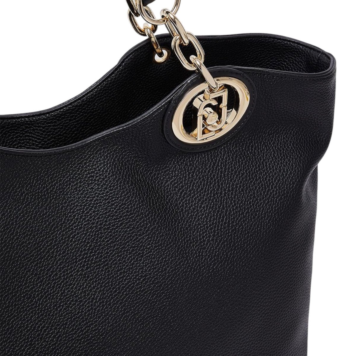 Lieblingstasche ECS Tote L in black pebbled leather with gold chain handle and circular logo hardware detail