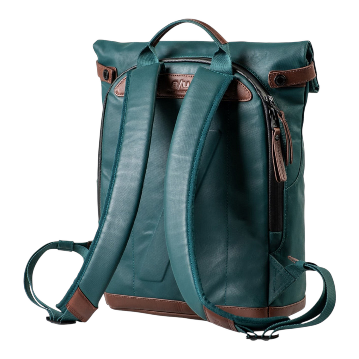 Lieblingstasche Wakayama backpack in dark green with brown leather accents and adjustable shoulder straps