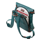 Lieblingstasche Wakayama backpack in teal with brown leather accents and an open zippered compartment