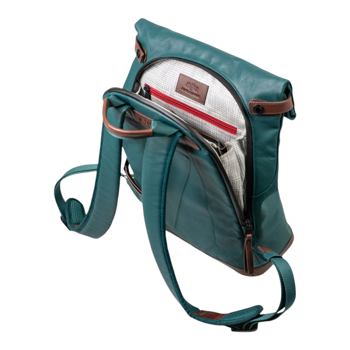 Lieblingstasche Wakayama backpack in teal with brown leather accents and an open zippered compartment