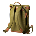 Lieblingstasche Yokohama olive green backpack with tan leather accents, shown from the back with padded straps.