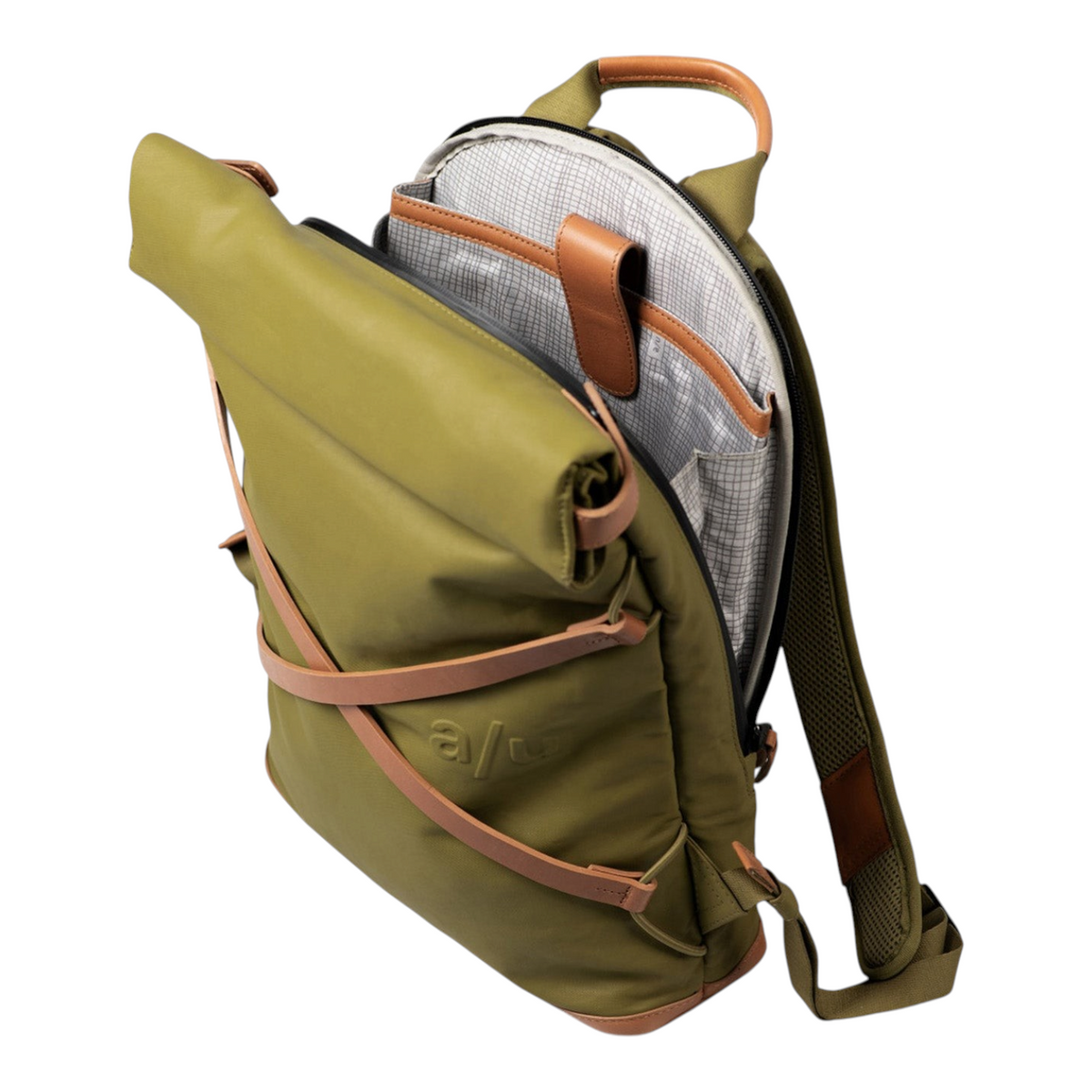 Lieblingstasche Yokohama olive green rolltop backpack with brown leather straps and patterned interior lining