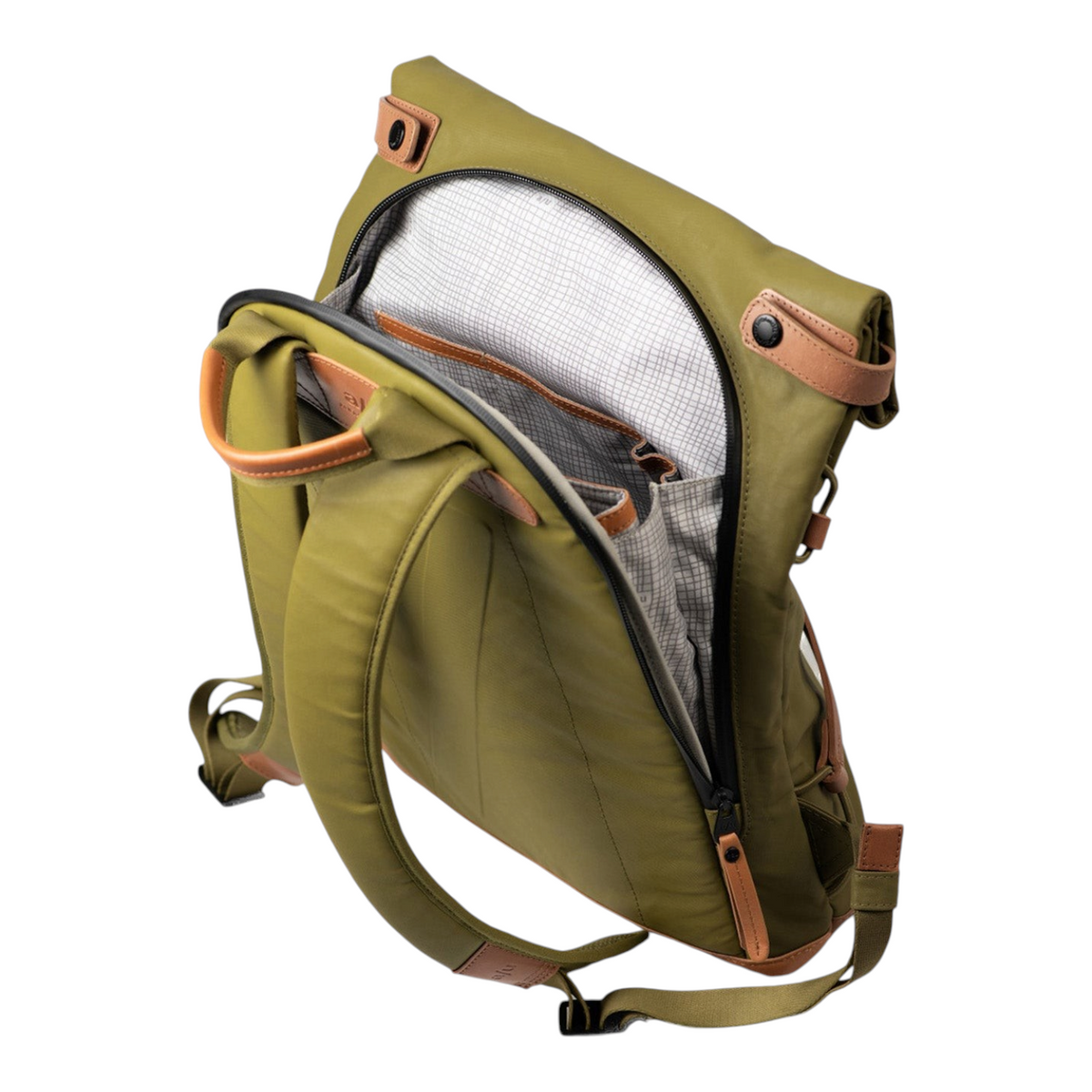 Lieblingstasche Yokohama olive green rolltop backpack with tan leather accents and patterned interior lining