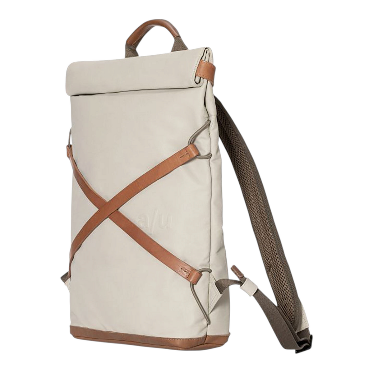 Lieblingstasche Yokohama rolltop backpack in beige cotton with brown leather accents and adjustable padded straps.