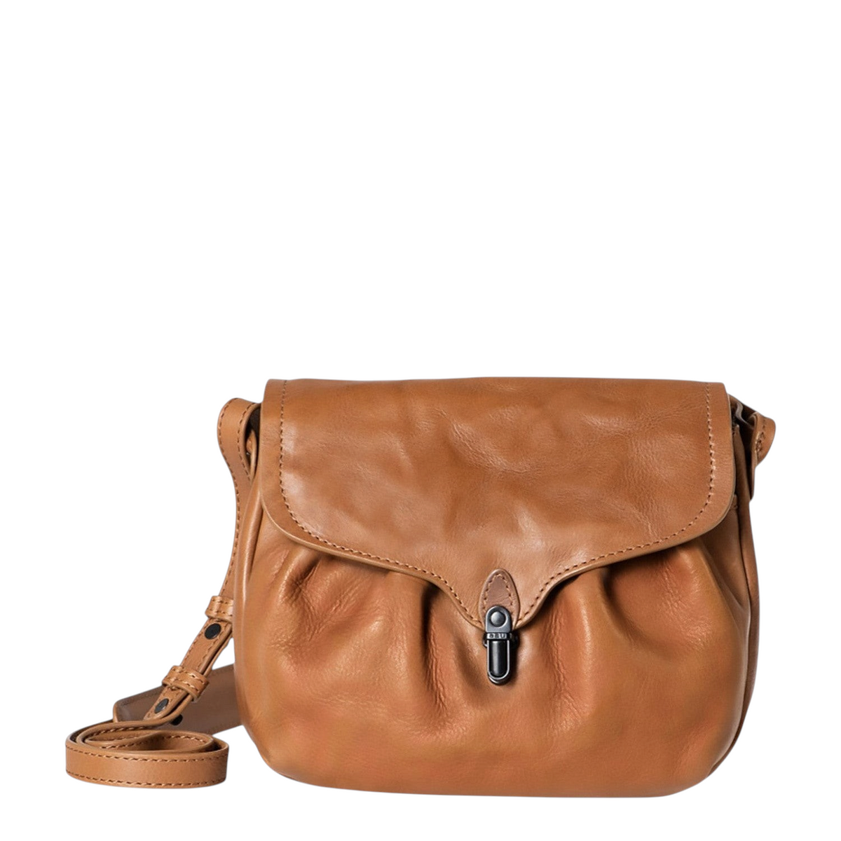 Lieblingstasche Mrs. Coconut Cake brown leather shoulder bag with a rounded design, gathered detail, and metal clasp.
