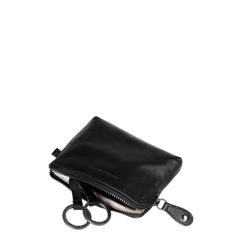 Lieblingstasche Physalis black leather key pouch with a zipper closure and two metal key rings
