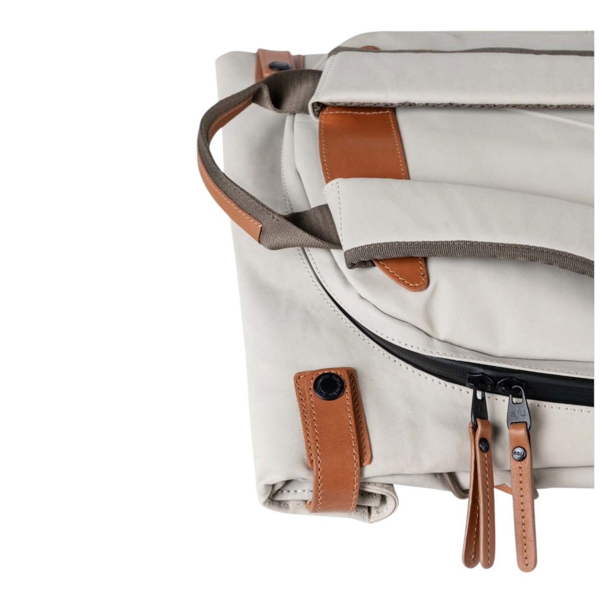 Lieblingstasche Yokohama backpack in light grey cotton with brown leather details and rolltop closure