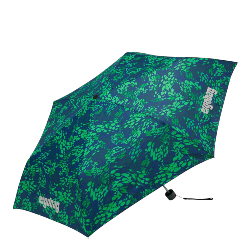 Lieblingstasche Ergobag umbrella in dark blue and green with a leaf pattern and reflective logo details