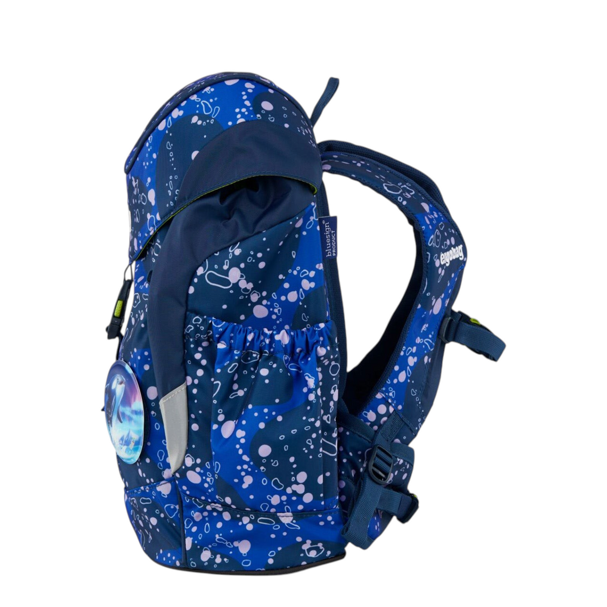 Lieblingstasche ergobag mini children's backpack in blue with a playful bubble pattern and padded shoulder straps