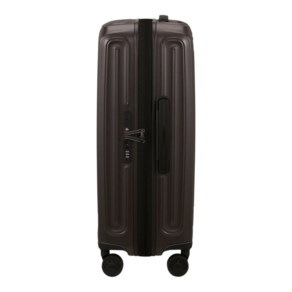 Lieblingstasche 2WANDER dark brown expandable spinner suitcase with TSA lock and four wheels, side view