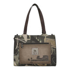 Lieblingstasche shoulder bag featuring a brown and olive green abstract graffiti print with a front zip pocket