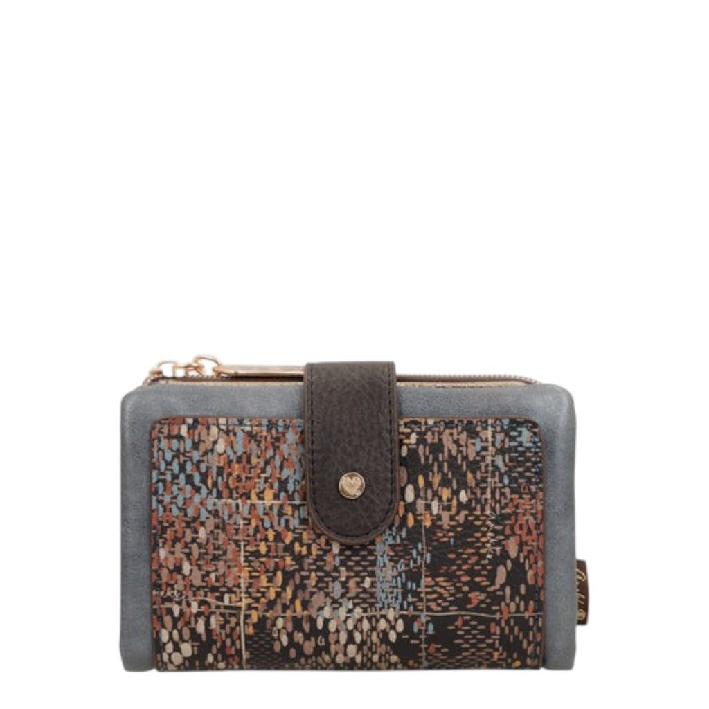 Lieblingstasche wallet featuring a multi-colored abstract print, grey faux leather trim, and a snap button closure.