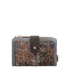 Lieblingstasche wallet featuring a multi-colored abstract print, grey faux leather trim, and a snap button closure.