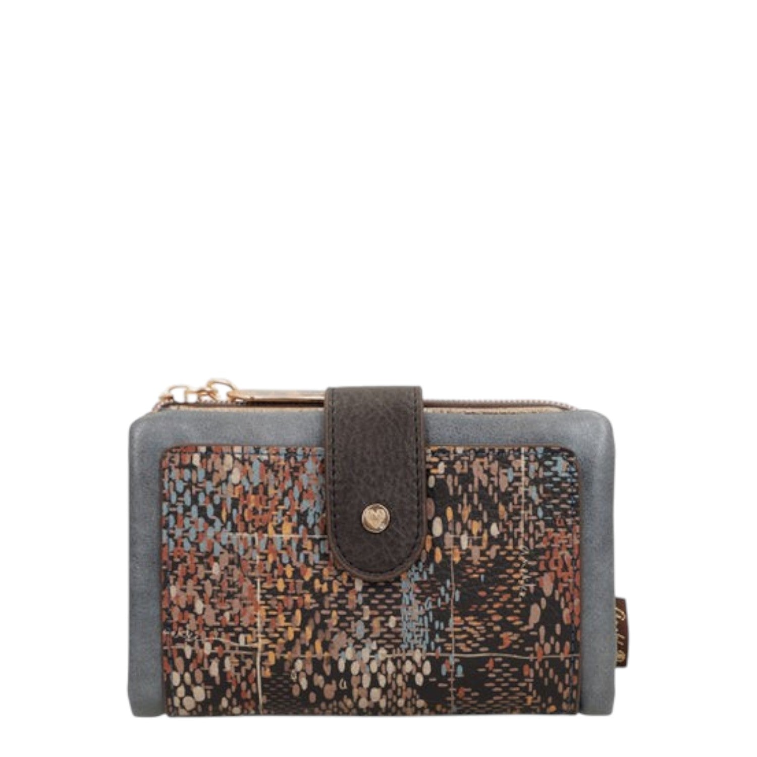 Lieblingstasche wallet featuring a multi-colored abstract print, grey faux leather trim, and a snap button closure.