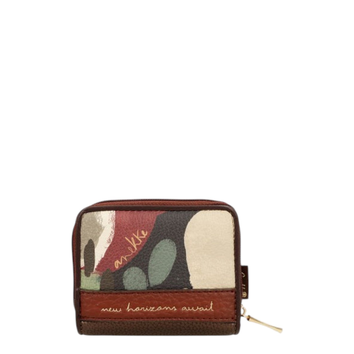 Lieblingstasche wallet featuring a multi-colored abstract print, brown leather trim, and gold zipper detail.
