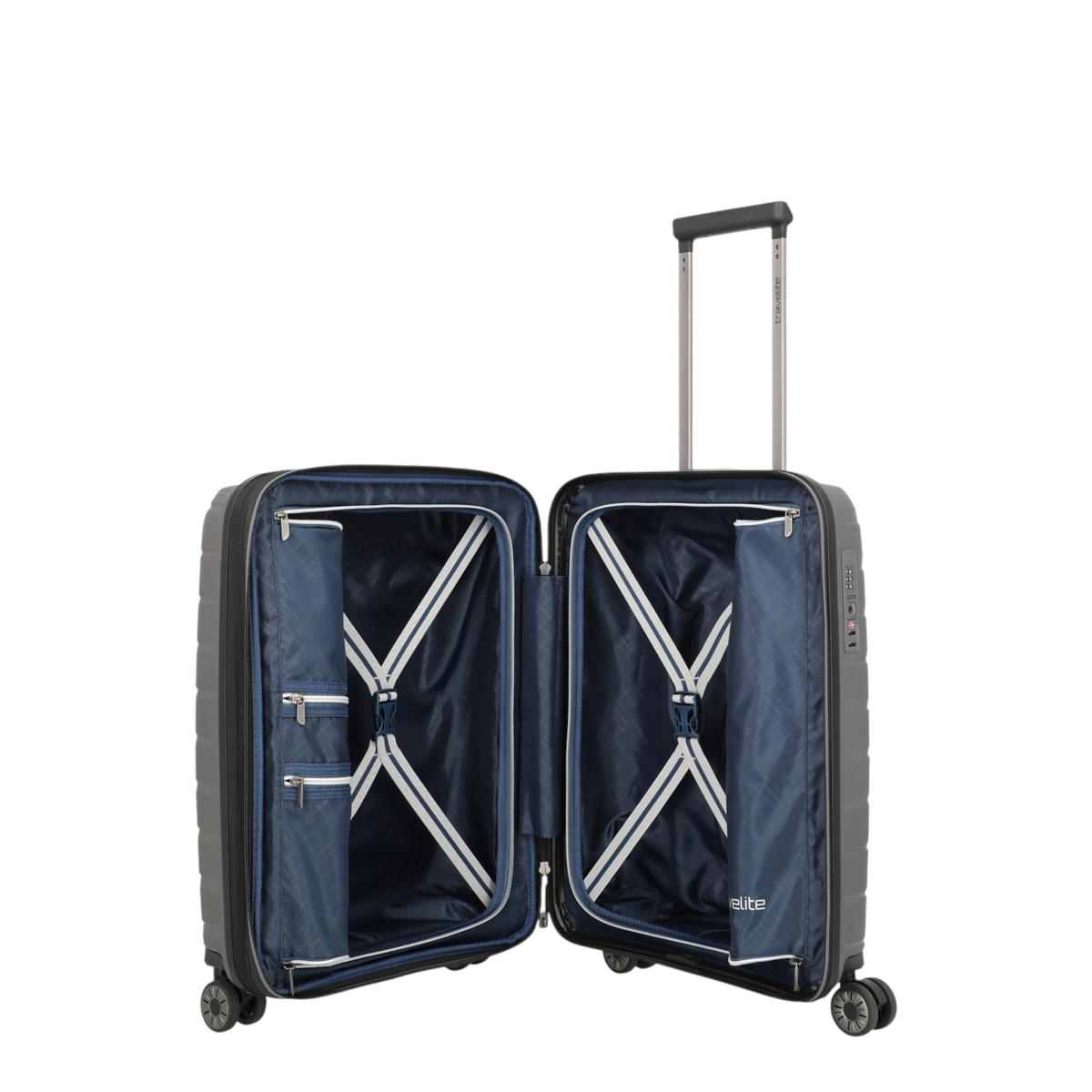 Lieblingstasche Air Base Trolley 4W S exp open showing blue interior lining with packing straps and zipper pockets