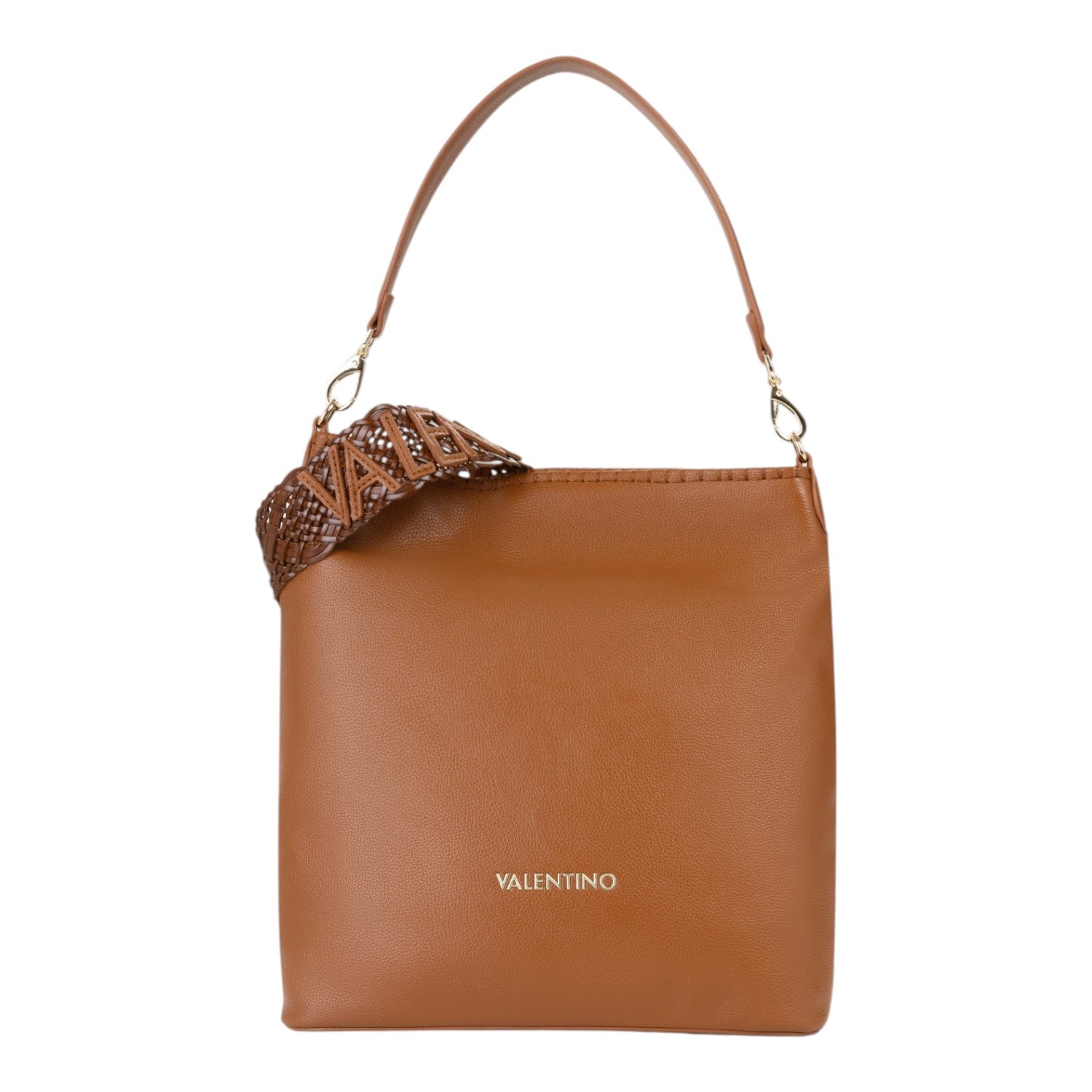 Lieblingstasche Aleksandra hobo bag in tan faux leather with a woven strap and gold hardware.
