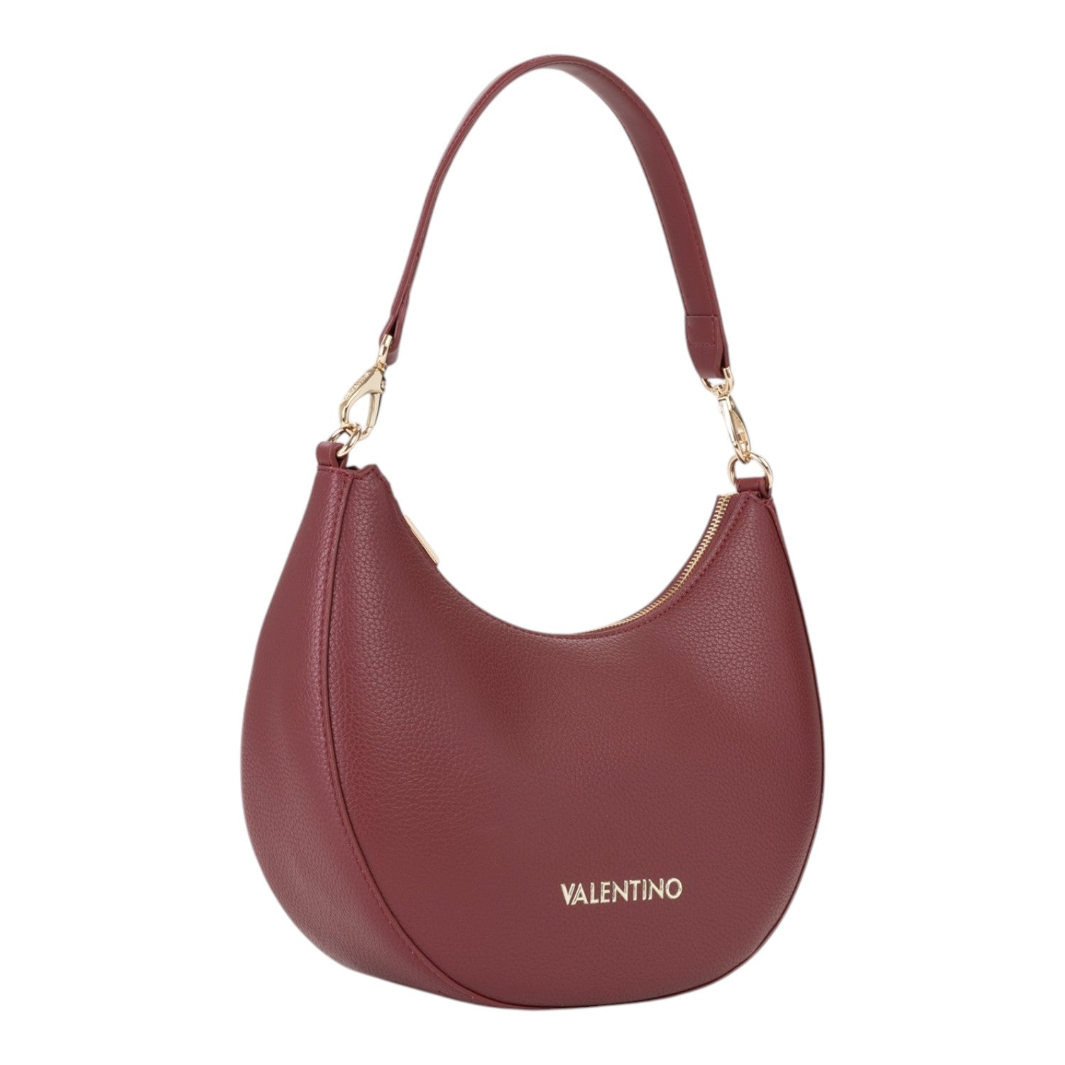 Lieblingstasche Alexia hobo bag in deep red pebbled leather with gold hardware and a single shoulder strap.