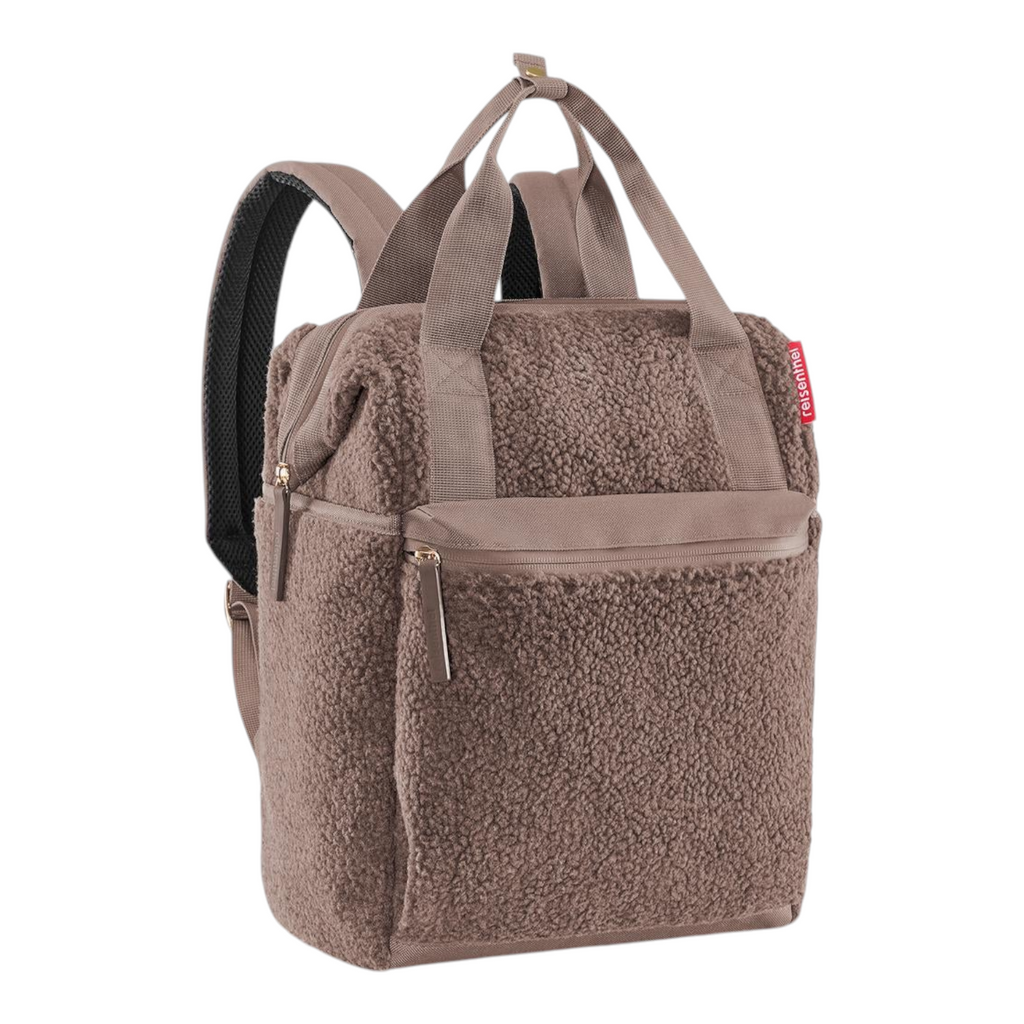 Lieblingstasche Allrounder R backpack in taupe teddy fleece with top handles and front zippered pocket