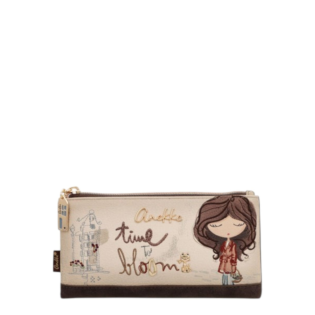Lieblingstasche Anekke wallet in beige with embroidered girl illustration, Time to Bloom text, and brown trim.