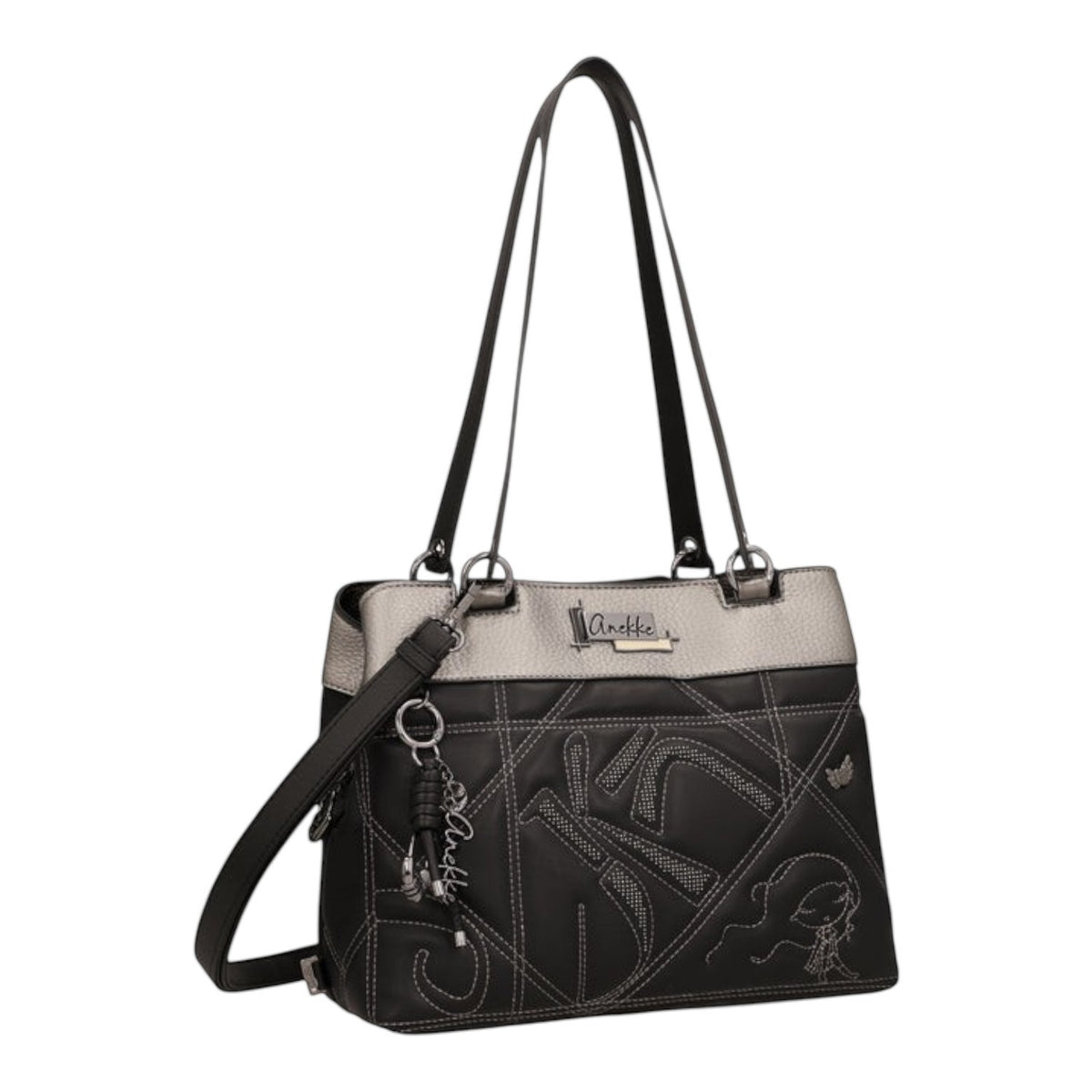 Lieblingstasche Anekke shoulder bag in black and silver with decorative white stitching and a metal logo plaque
