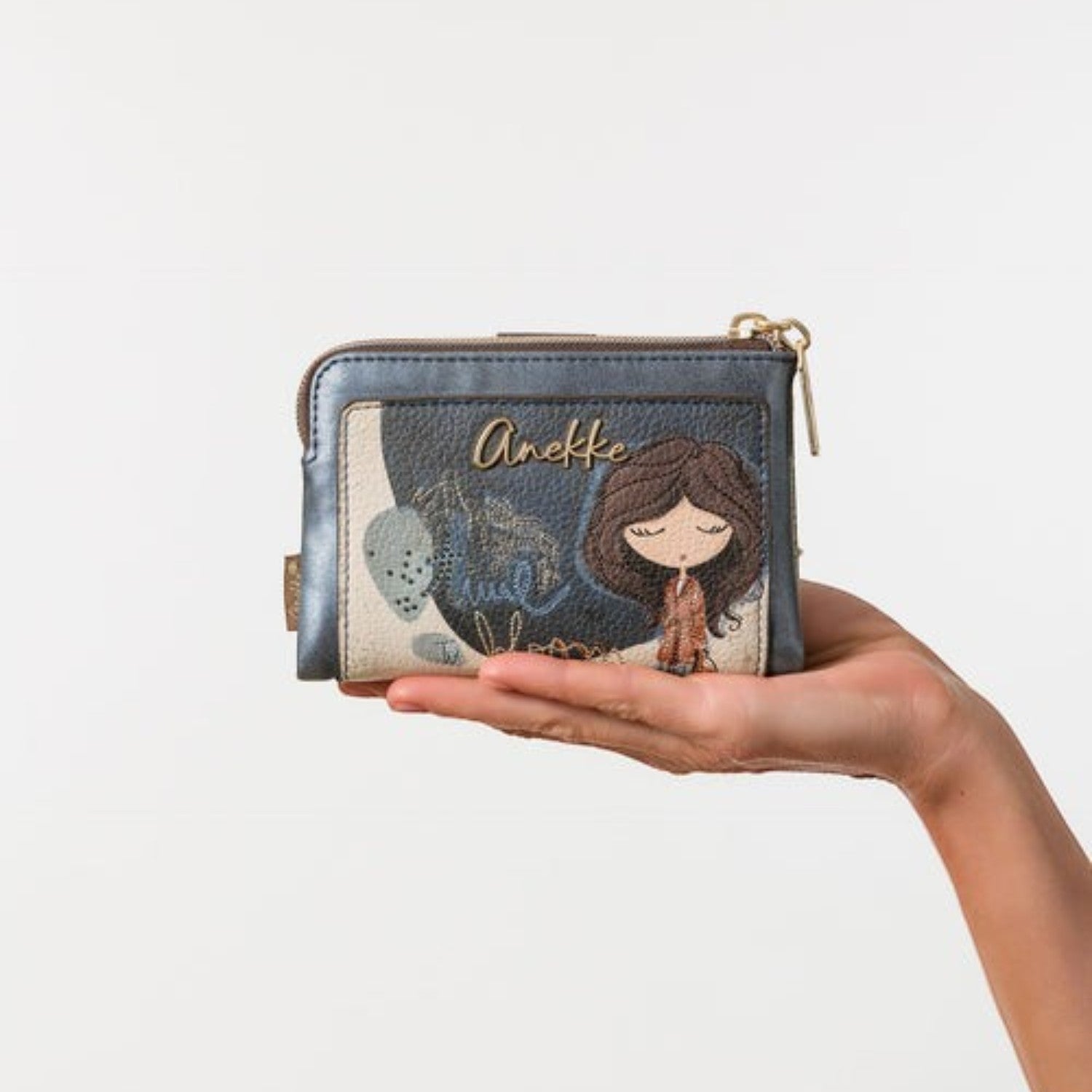 Lieblingstasche Anekke wallet in blue with embroidered girl illustration and gold-tone zipper closure