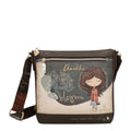 Lieblingstasche Anekke cross-body bag in brown with illustrated girl graphic, zip closure, and branded shoulder strap.