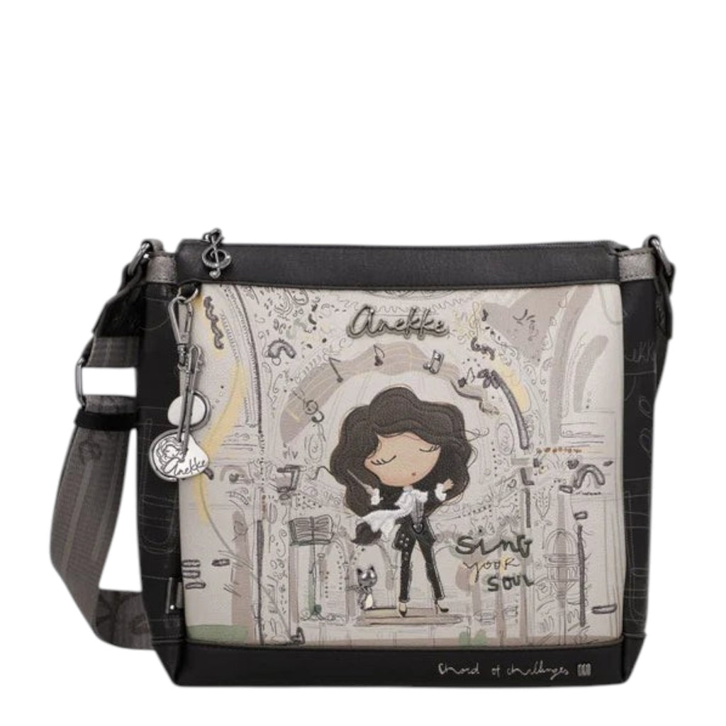 Lieblingstasche Anekke cross-body bag featuring a whimsical musical illustration, black trim, and adjustable strap.