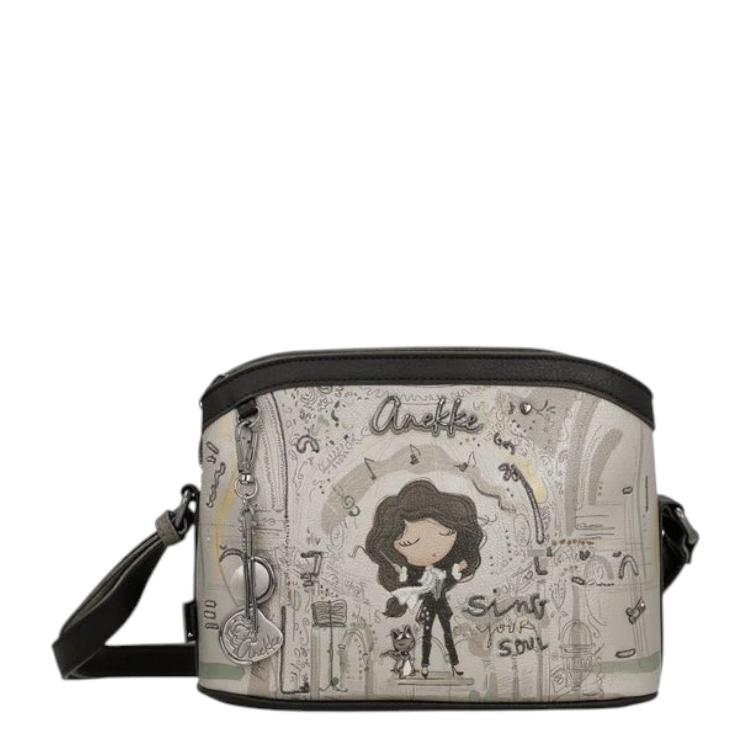 Lieblingstasche cross-body bag with Anekke illustration, musical theme, and decorative metal charm