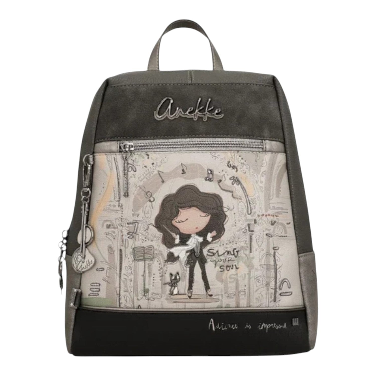 Lieblingstasche Anekke backpack in grey and black with whimsical illustrated character and musical theme print