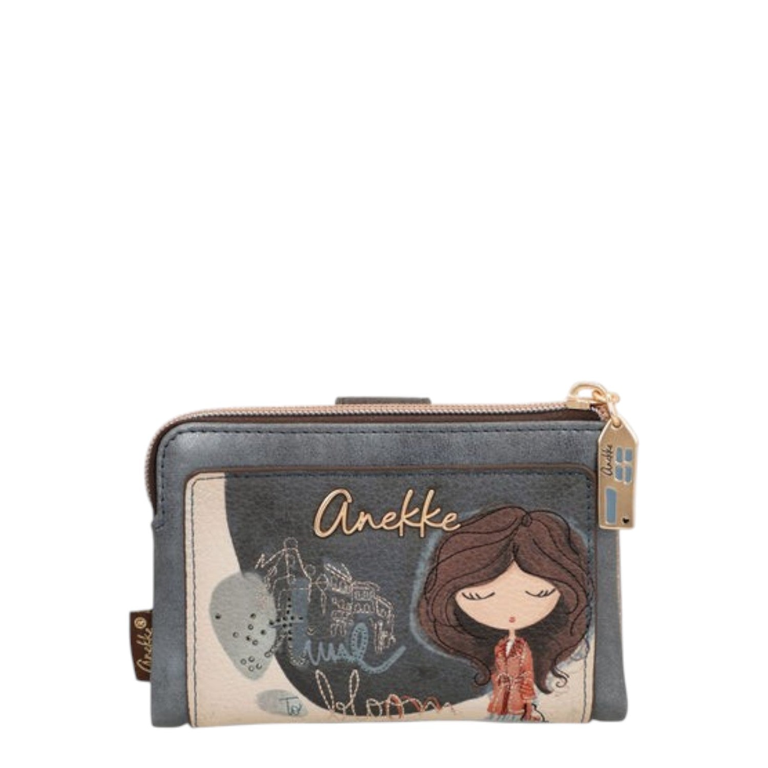 Lieblingstasche Anekke wallet featuring a whimsical girl illustration, embroidered details, and a gold zipper charm.