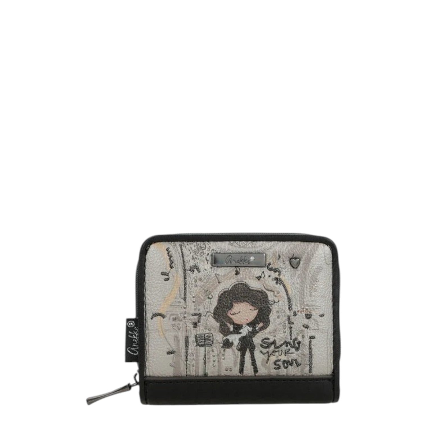 Lieblingstasche Anekke wallet featuring a whimsical illustration of a girl singing with musical notes and text detail