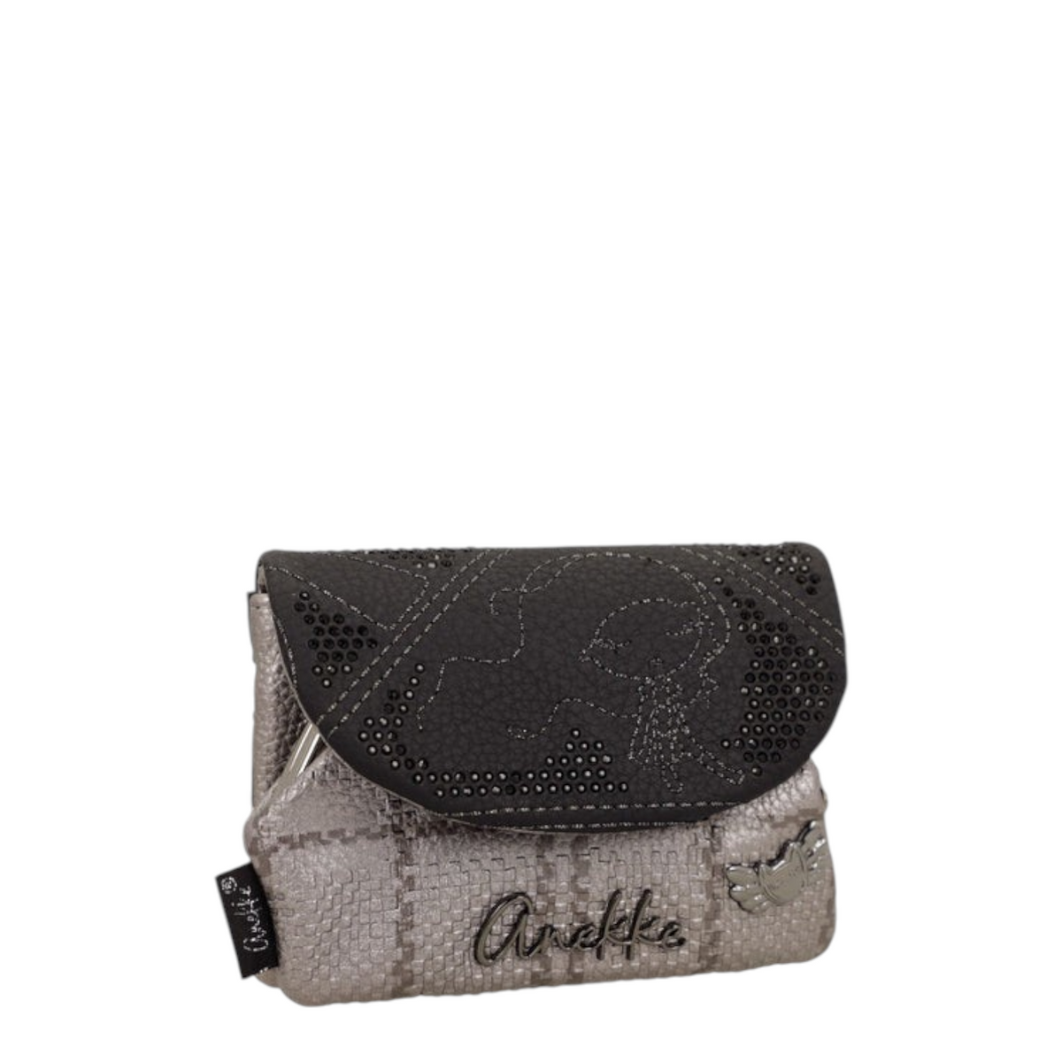 Lieblingstasche Anekke purse in metallic silver and black with textured finish, decorative studs, and flap closure