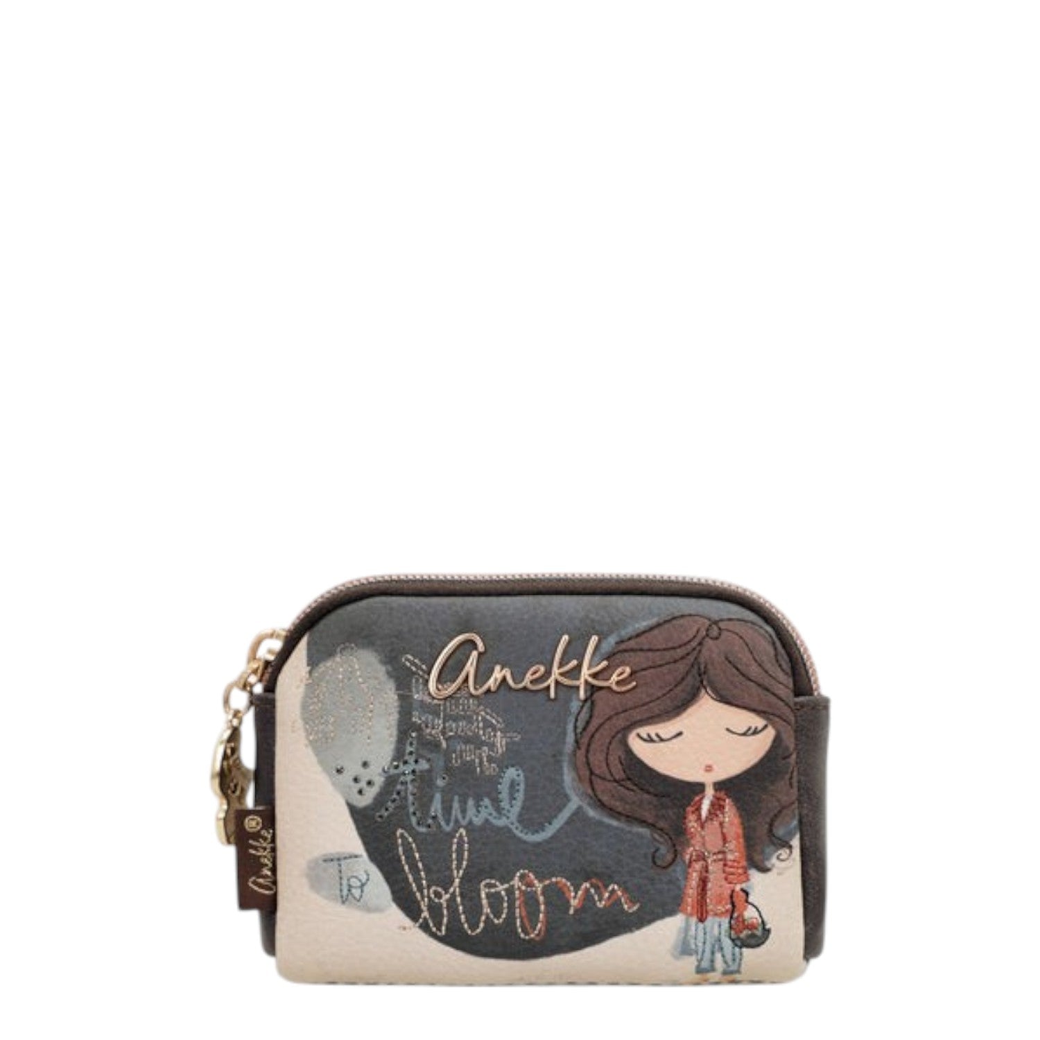 Lieblingstasche Anekke purse featuring a whimsical girl illustration, Time to Bloom text, and gold-tone zipper detail.