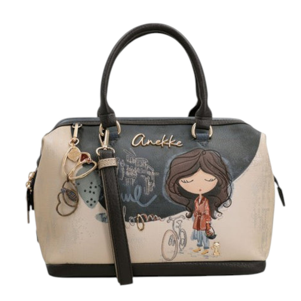 Lieblingstasche Anekke short handle bag featuring a whimsical girl illustration, beige and dark grey synthetic leather.