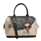 Lieblingstasche Anekke short handle bag featuring a whimsical girl illustration, beige and dark grey synthetic leather.
