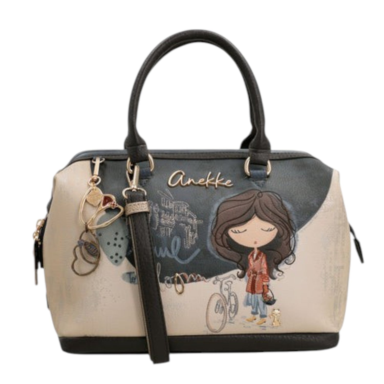 Lieblingstasche Anekke short handle bag featuring a whimsical girl illustration, beige and dark grey synthetic leather.