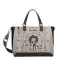 Lieblingstasche Anekke short handle bag with artistic musical illustration, grey faux leather, and charm detail