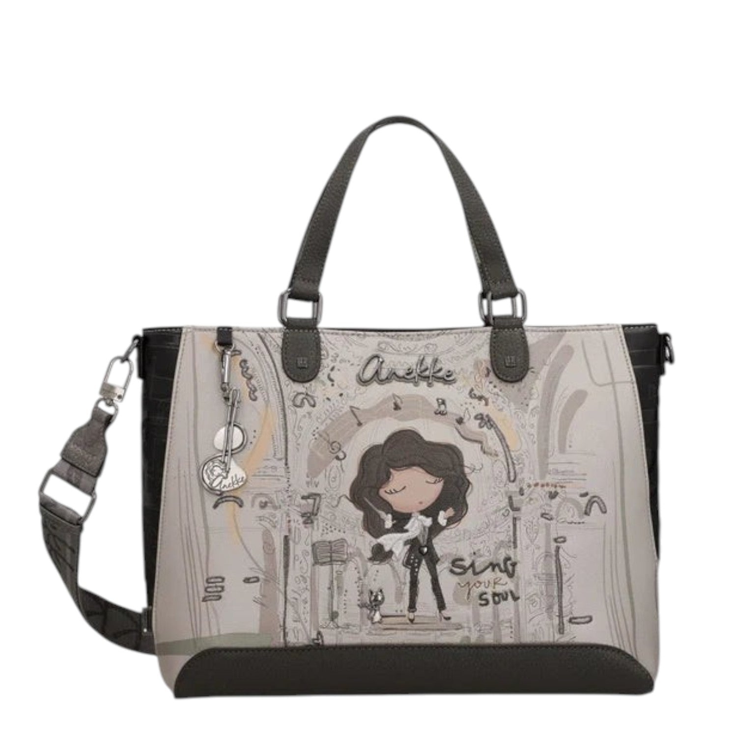 Lieblingstasche Anekke short handle bag with artistic musical illustration, grey faux leather, and charm detail