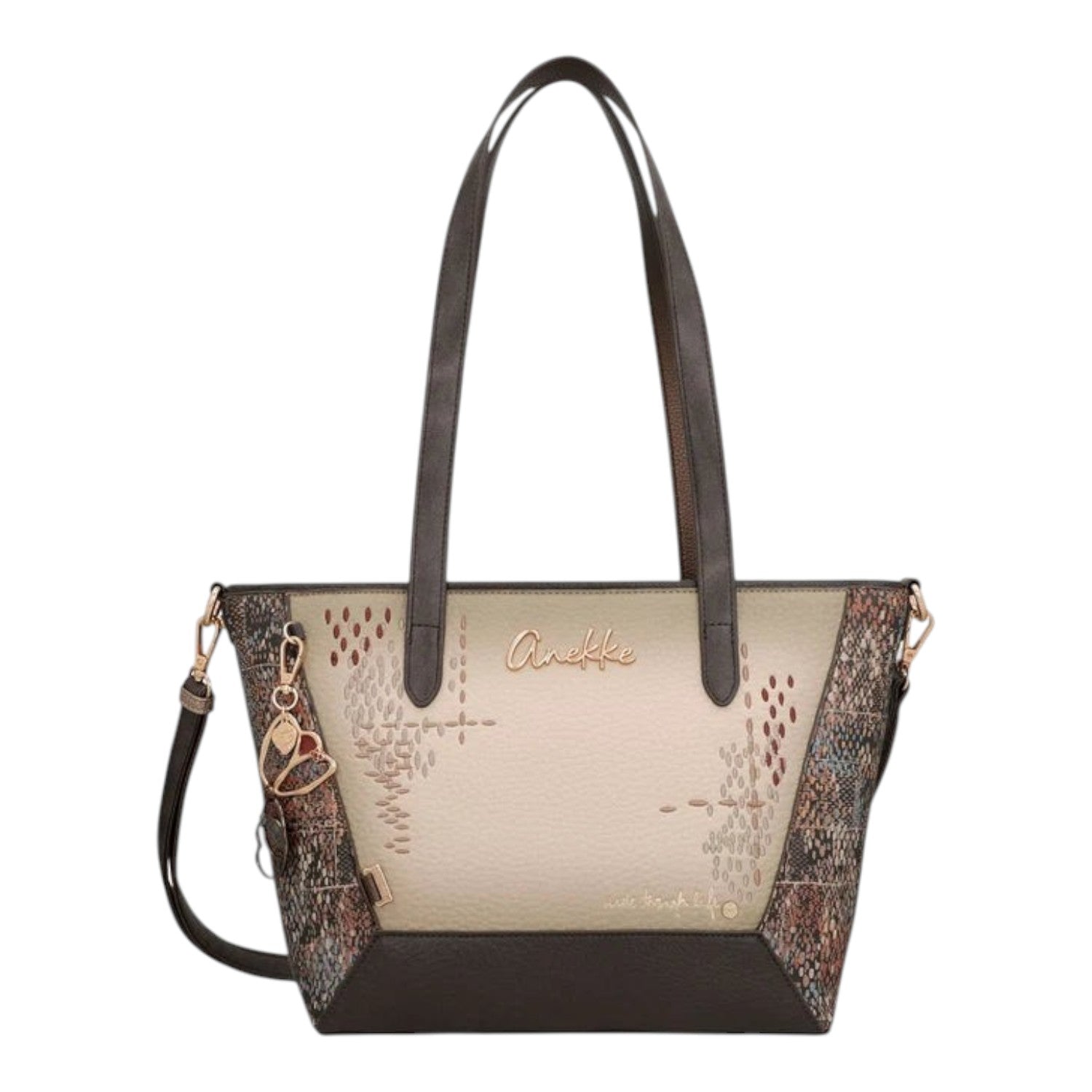Lieblingstasche Anekke shoulder bag in beige and brown with decorative stitching and gold-tone metal heart charm