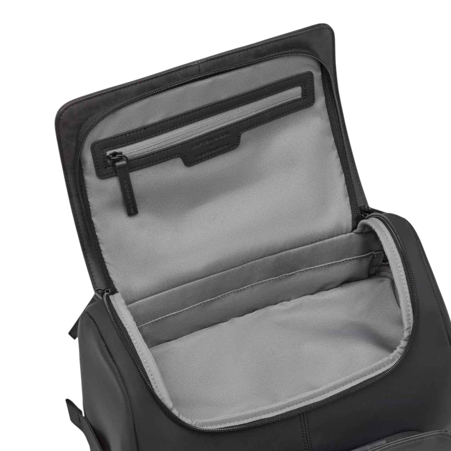 Lieblingstasche Bali Pro black leather backpack interior with zippered pocket and multiple compartments.