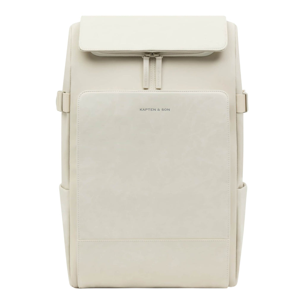 Lieblingstasche Bali Pro cream vegan leather backpack with front zip pocket and side pockets.