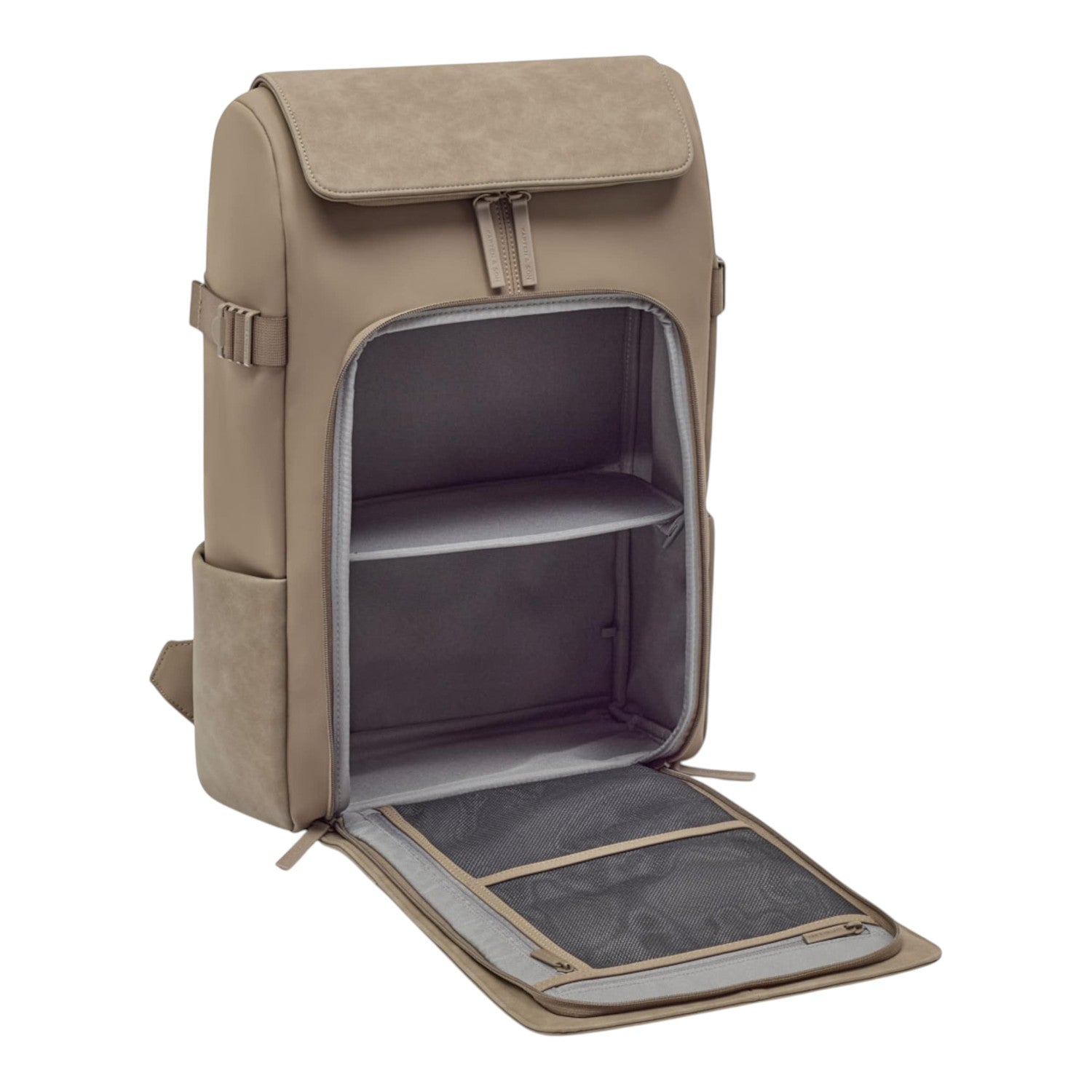 Lieblingstasche Bali Pro taupe faux leather backpack with open main compartment, shelves, and mesh pocket.