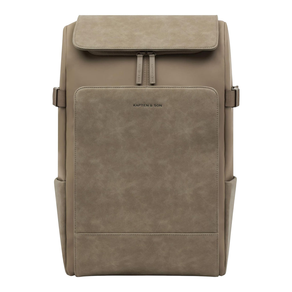 Lieblingstasche Bali Pro taupe faux leather backpack with front zip pocket and side pockets.