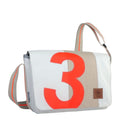 Lieblingstasche Barkasse Mini messenger bag in white with a large orange number 3 applique and beige stripe detail.