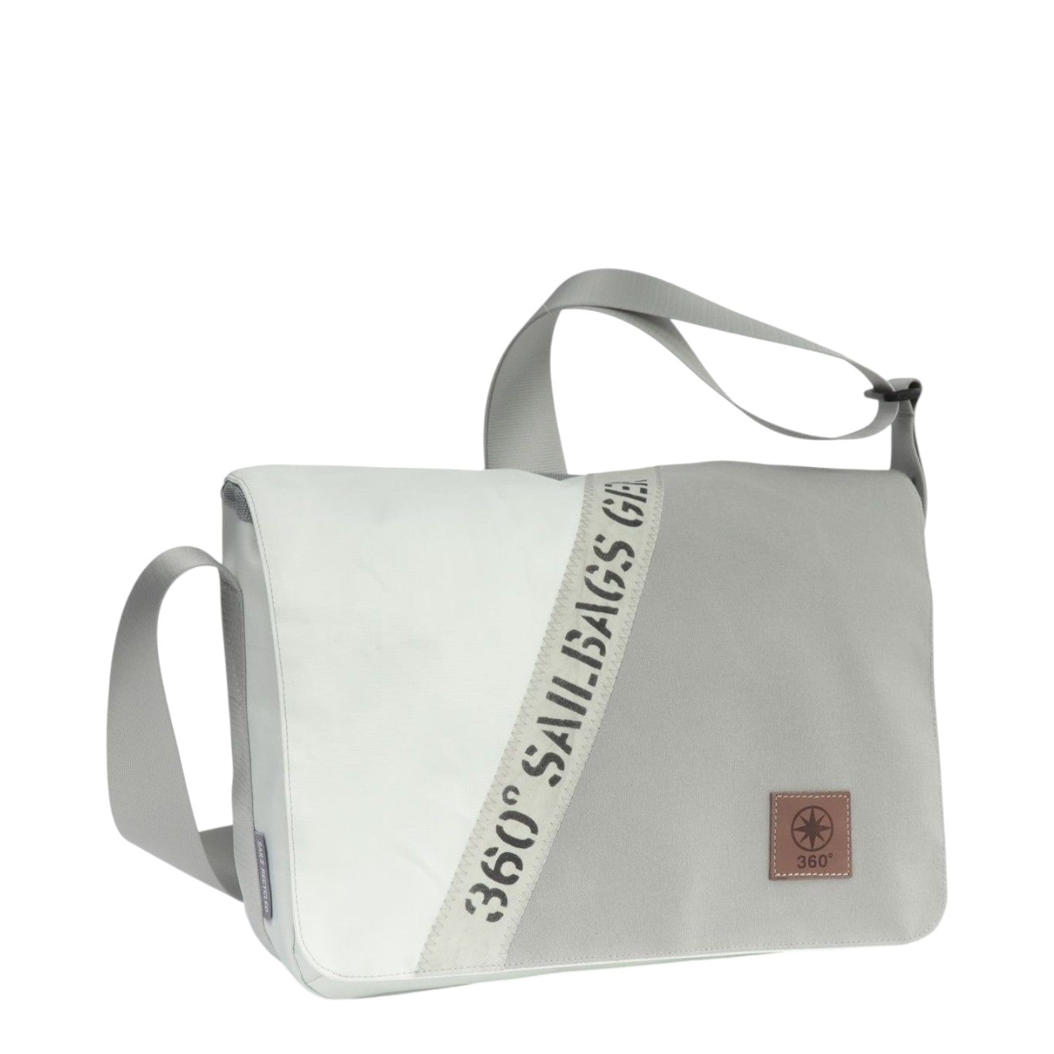 Lieblingstasche Barkasse Mini messenger bag made from white and grey recycled sailcloth with maritime branding