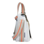Lieblingstasche Barkasse Mini white crossbody bag with beige and orange striped strap, made from recycled sails.