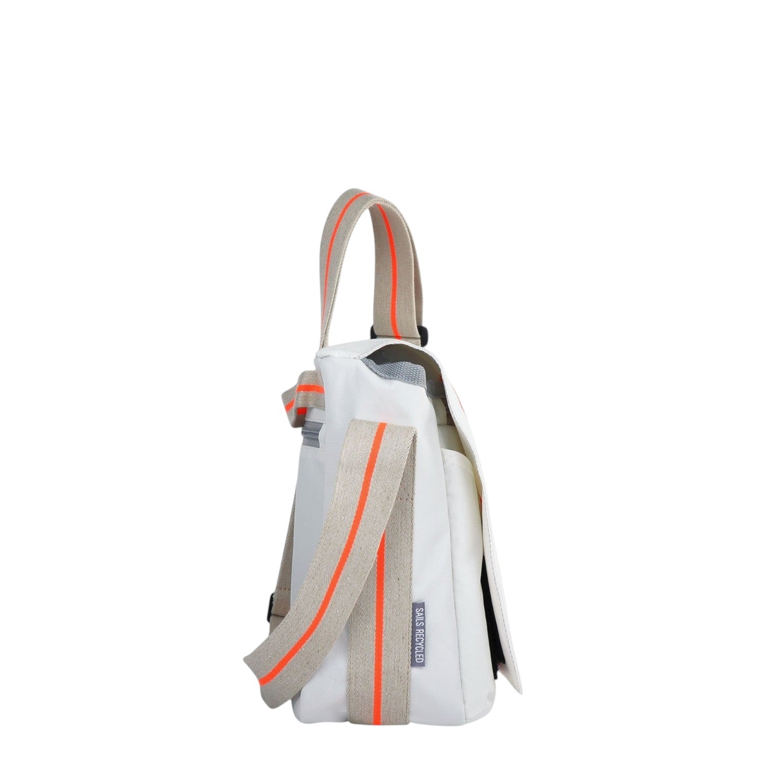 Lieblingstasche Barkasse Mini white crossbody bag with beige and orange striped strap, made from recycled sails.